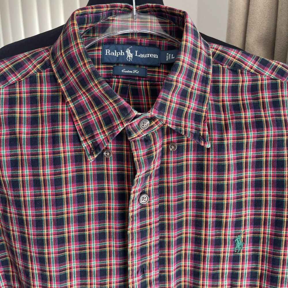 RALPH LAUREN Mens Large Custom Fit Black Red Green Plaid Button Down Shirt